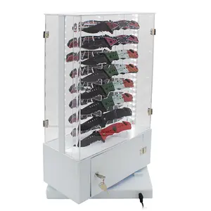 Factory Customize Revolving Light-Up 16 Knife Display Case Turning Rotating LED Light Knives Display Acrylic Locking Door