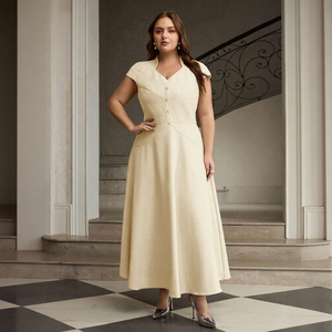 Vestido Maxi Plus Size Branco Creme para Mulheres, Estilo Vintage com Botões Frontais, Vestuário Modesto para Noite, Serviço de Logotipo Personalizado - Product Image 3