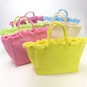 Bolso de playa de verano con borlas en blanco reutilizable a la moda para mujer, bolsos de compras de tela, bolso de mano de lona de algodón con flecos resistente