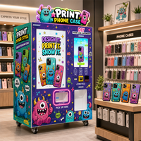Máquina expendedora de carcasas de teléfono con pantalla dual para impresión de diseños de papel tapiz festivo, ideal para centros comerciales urbanos.