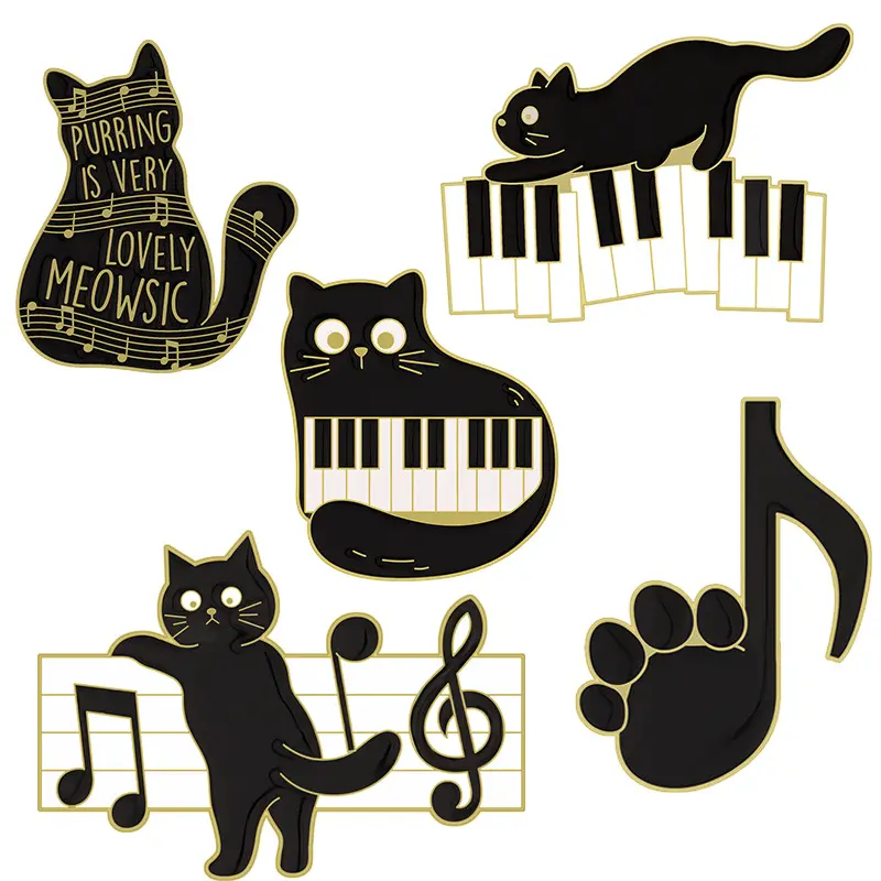 코사지 음악 만화 귀여운 검은 고양이 피아노 노트 합금 브로치 의류 가방 코트 장식 버클 핀 배지