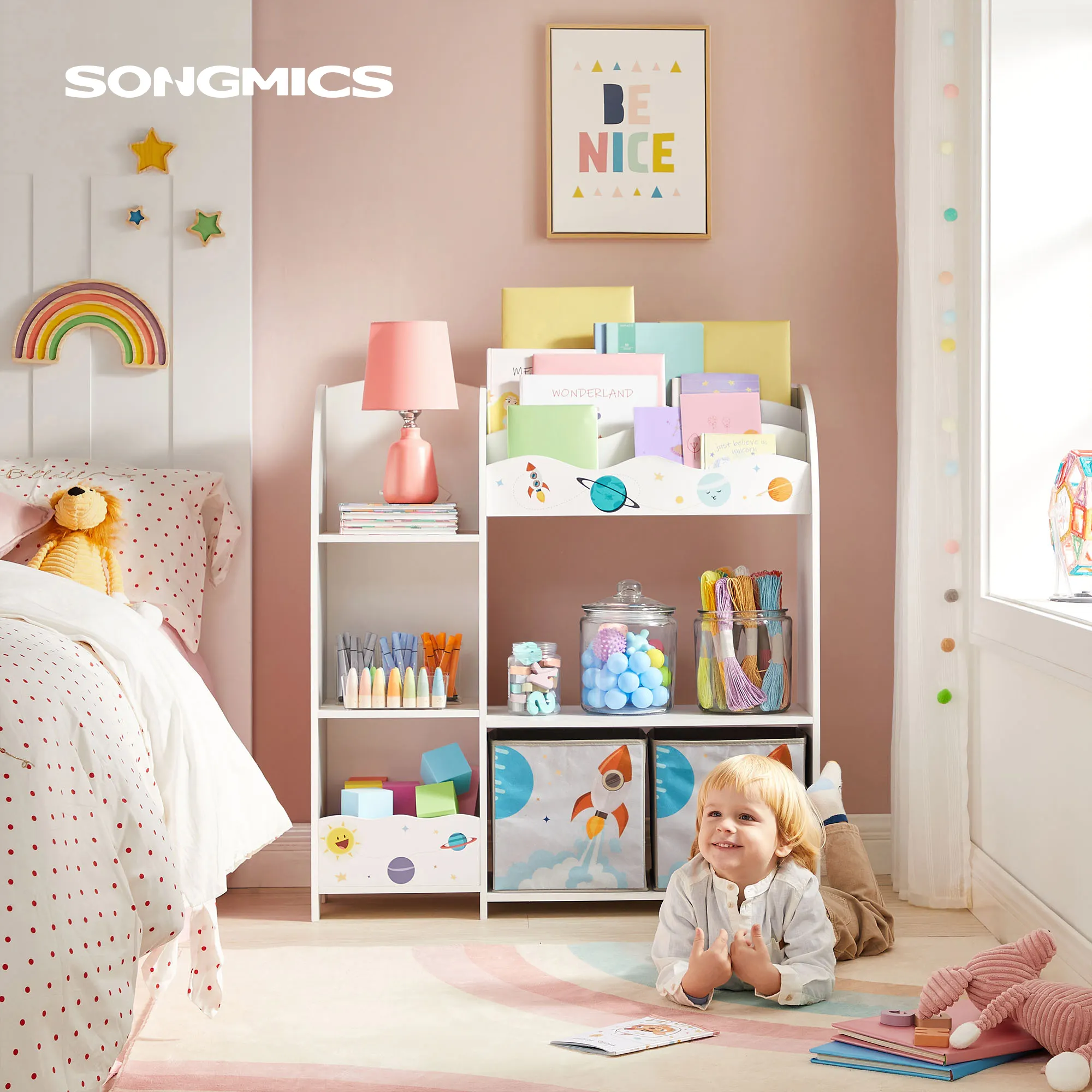 Tuangmics — meuble personnalisé pour enfants, étagère de rangement en bois avec boîte de rangement en tissu Non tissé