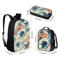 Ensemble de sac à dos scolaire imprimé surf hawaïen en gros avec sac à déjeuner et trousse à crayons, kit trois pièces en polyester