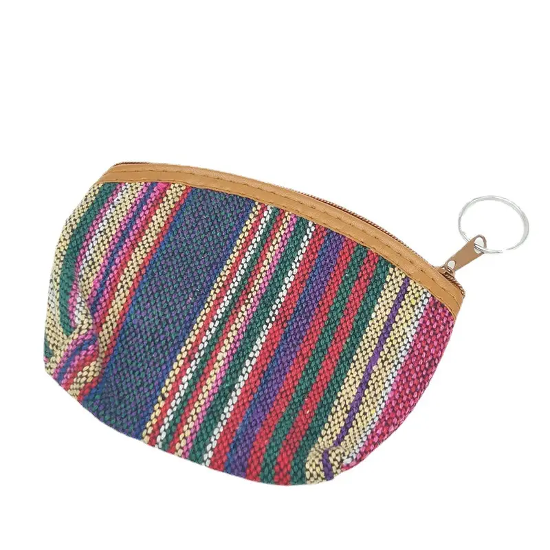 Женская сумка для монет с вышивкой в полоску, Женский этнический кошелек в стиле бохо, винтажный этнический Кошелек для монет на молнии