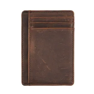 Rfid Blocking Genuine Leather Slim Card Holder Wallet With Name ID Card Customized