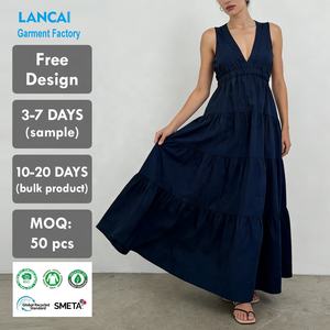 ผู้ผลิตเสื้อผ้าขายส่งเดรสคอวีแขนกุดผ้าฝ้ายฤดูร้อนแบบสั่งทำแบรนด์ส่วนตัวเดรสระบายชั้นและเดรสยาว - Product Image 1
