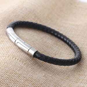Bracelet en corde de cuir de vache tressé 8 mm noir avec boucle réglable, bijou pour homme, cadeau - Product Image 3