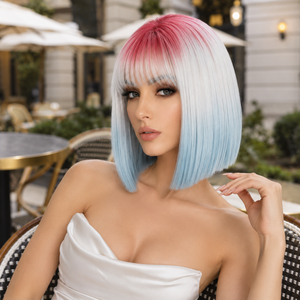 Perruque <span class=keywords><strong>Courte</strong></span> Droite Bob Réglable en Fibre Haute Température avec Frange Rose Blanc Bleu Résistante à la Chaleur Effet Naturel – Vente en Gros - Product Image 6