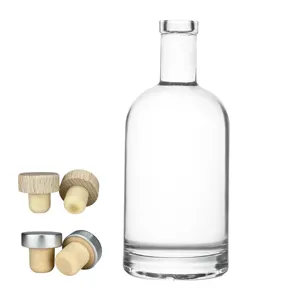 定制火石透明圆形经典空白兰地杜松子酒朗姆酒玻璃瓶，带软木塞
