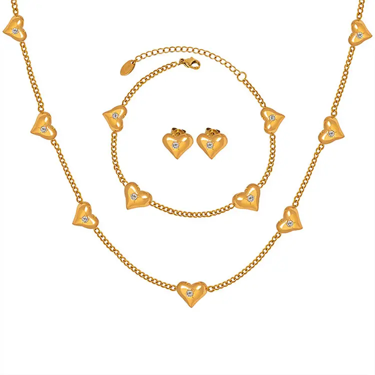 Custom Wholesale Lady's 18K Gold Plated Stainless Steel Jewelry Accessories Women Heart Charm Necklace Bracelet Earrings Set