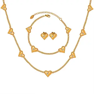 Custom Wholesale Lady's 18K Gold Plated Stainless Steel Jewelry Accessories Women Heart Charm Necklace Bracelet Earrings Set