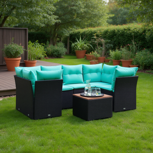 Black Poly Rattan Patio <b>Sofa</b> <b>Set</b> With Cushions Outdoor Garden Furniture Contemporary Design - Product Image 2