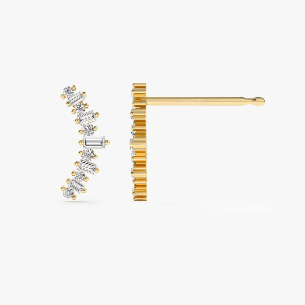 VLOVE Minimalisme Fine Jewelry Boucles d'oreilles Fabrication de fournitures 14k Baguette et diamant rond Boucles d'oreilles Crawler Boucles d'oreilles en diamant