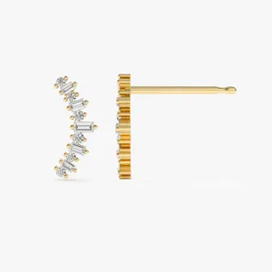 VLOVE Minimalism Fine Jewelry Earrings Making Supplies 14k Baguette and Round Diamond Ear Crawler Earrings Diamond Stud Earrings