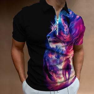 เสื้อโปโลปกคอพับซิปลายทางมีซิปสำหรับผู้ชายเสื้อกอล์ฟแขนสั้นลายสิงโตสัตว์3D กราฟิก - Product Image 2