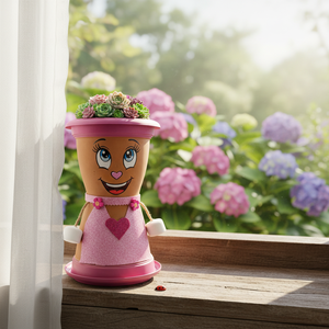 NF Lauren Pink Dress Heart Flower Pot Private Label Hand Painted Decorative <b>Plastic</b> Garden <b>Planter</b> Boho Character Desktop Face - Product Image 3