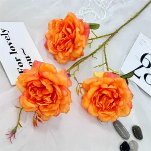 زهور الزينة لحفلات الزفاف غرف متدلية بها 3 رؤوس ورد مستعارة مصنوعة من الحرير باللون البرتقالي مع ساق