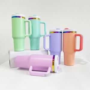 4Pack Logo Custom Engraved <b>Macaron</b> Green Powder Coated Rainbow Plated H2.0 40Oz Insulated Stainless Steel Tumbler - Product Image 2