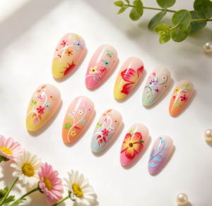 Faux <span class=keywords><strong>ongles</strong></span> à presser floraux <span class=keywords><strong>pastel</strong></span> - <span class=keywords><strong>Ongles</strong></span> nude ombrés en amande avec motifs de fleurs <span class=keywords><strong>et</strong></span> de feuilles dessinés à la main, manucure quotidienne printanière - Product Image 1
