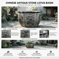 Bak Air Batu Bluestone Klasik Berukir Tangan Multi-Faceted dengan Relief Bunga dan Motif Burung Murai untuk Dekorasi Akuatik di Halaman Villa