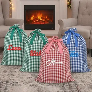 Personalized Tartan <b>Christmas</b> Embroidered Sack Drawstring Plaid <b>Santa</b> Sacks Cotton Gingham Xmas Gift Bag - Product Image 5