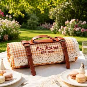Custom Name Modern Polyester Gingham Picnic Blanket <b>White</b> <b>Lace</b> Trim Embroidered Single Layer Soft <b>Fabric</b> Mat Portable Outdoor - Product Image 1