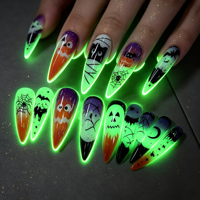 Lot de 4 faux ongles autocollants Halloween phosphorescents, imprimés en 3D, longs stilettos, motifs citrouille, fantôme, chauve-souris, pour fête