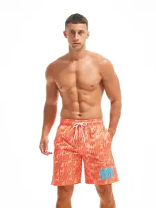 Shorts de malha laranja para homens, calção esportivo casual de malha para esportes, fitness respirável, de basquete e hip hop, novidade de verão