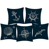 Housse de coussin de canapé en lin 45x45cm, motif ancre et boussole, style marin européen, décoration d'intérieur