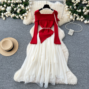 <span class=keywords><strong>Robe</strong></span> Midi Asymétrique Décontractée <span class=keywords><strong>Hiver</strong></span> Fairycore pour Femme, Col Rabattu, Manches Longues, Taille Empire, avec Patchwork Maille 3D, <span class=keywords><strong>Rouge</strong></span>, Noir, Blanc - Product Image 4