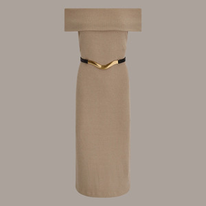 Elegante Vestido Midi de Punto con Hombros Descubiertos y Cinturón, Color Sólido, Lana y Nailon, Estilo Otoñal, Ropa de Mujer - Product Image 6