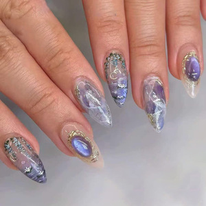Faux ongles à presser 3D effet œil de chat <span class=keywords><strong>d</strong></span>égradé galaxie bleu violet rêveur, style européen, amovibles et réutilisables, 30 pièces - Product Image 1