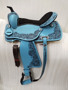 Selle Western en cuir bleu, motif floral, avec arceau en bois et quincaillerie en laiton, pour l'équitation et l'entraînement - Product Image 1