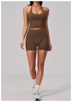 Ensemble de shorts de yoga sans couture en Spandex/Nylon, col halter, anti-plis, rehausseur de fessiers, moulant, pour course en extérieur et fitness, deux pièces