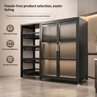 Meuble de rangement de cuisine haut en acier au carbone inoxydable contemporain, étagère multi-niveaux, unité de garde-manger avec porte en verre ondulé, support pour ustensiles de cuisine