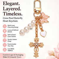 Porte-clés personnalisé en forme de cœur papillon avec perles superposées, plaqué or rose, charme en strass, cadeau de luxe pour femmes et filles