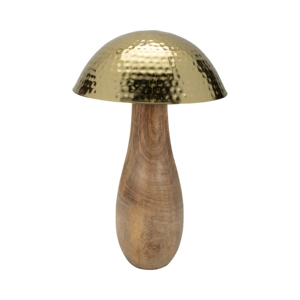 Scultura a forma di fungo in legno di mango con cappuccio in metallo martellato per decorazioni per la casa, soggiorno, scaffale, ufficio. - Product Image 3