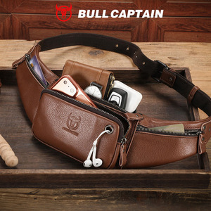 BULLCAPTAIN Genuine <b>Leather</b> <b>Men's</b> Waist <b>Bag</b> Cowhide Chest <b>Bag</b> Sports and Leisure Eye-catching Layer Cowhide Cashier <b>Bag</b> <b>Man</b> <b>Bag</b> - Product Image 1