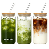 Gobelet transparent résistant à la chaleur avec couvercle en bambou et paille, motif personnalisé, vente en gros, verre en forme de canette de bière