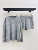 Ensemble haut et short en laine de haute qualité pour femmes, col rond, manches longues, couleur unie, pour le printemps et l'automne, confort décontracté