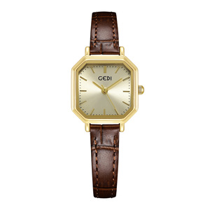 Montre à quartz vintage pour femme, cadran carré polygonal, luxe léger, bracelet en cuir véritable, élégante et polyvalente, montre-bracelet tendance - Product Image 1