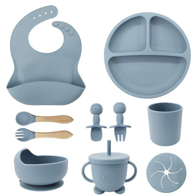 (wood fork spoon feeding set 10pieces in 1)  Grey blue