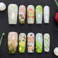Nouveaux Ongles Press-on Carrés Amande en PMMA Sculptés en Gel 3D avec Motifs Floraux, Faits à la Main, 10 Pièces, Ongles Artificiels de Haute Qualité pour Salon de Manucure