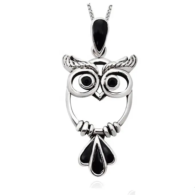 Custom Fashion Fijne Sieraden 925 Sterling Zilver Zwart Emaille Baguette Dierenuil Hanger Ketting Voor Vrouwen