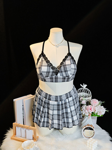 Conjunto de Lencería Sexy de 3 Piezas para Fiesta, Talla Grande, con Encaje a Cuadros, Transpirable, de Poliéster/Nailon, para Chicas Curvilíneas, Camiseta sin Mangas y Falda Plisada con Tanga - Product Image 2