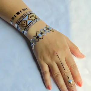 Stiker tato emas kustom, tato Foil perak cap panas untuk anak perempuan, seni tubuh tangan sementara dan jari warna-warni