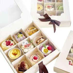 Wholesale 6/9 Grid Cup Cake Box White Cardboard Pastry Sweet Muffin Paper Box Dessert Packaging With Window