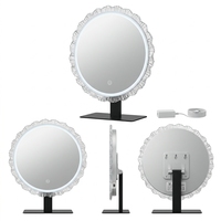 Miroir de maquillage LED rond, à poser sur le bureau ou à fixer au mur, avec cadre ondulé, tactile, à intensité variable, argenté, miroir HD
