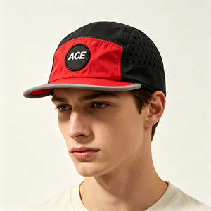 5 Panel Camp Cap Custom Woven Patch Logo Black Red Laser Cut Canvas Outdoor Sport Travel Adults Unisex Lightweight Quick Dry - Product Image 1