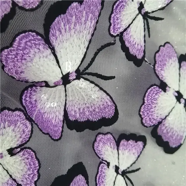 Dress fabric poly mesh with sequins embroidery fabric butterfly border design